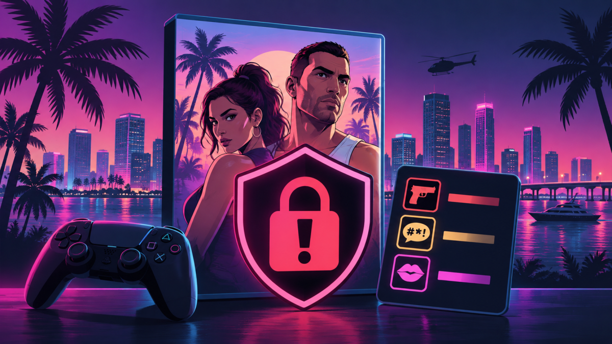 GTA VI z kategorią Mature 17+ i PEGI 18. Ostrzeżenia obejmują przemoc, nagość i treści seksualne